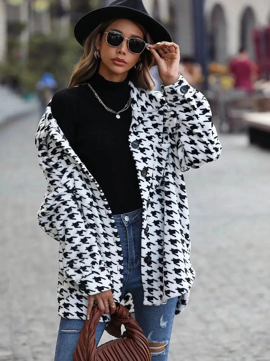 Houndstooth Button Down Jacket - Bona Fide Fashion