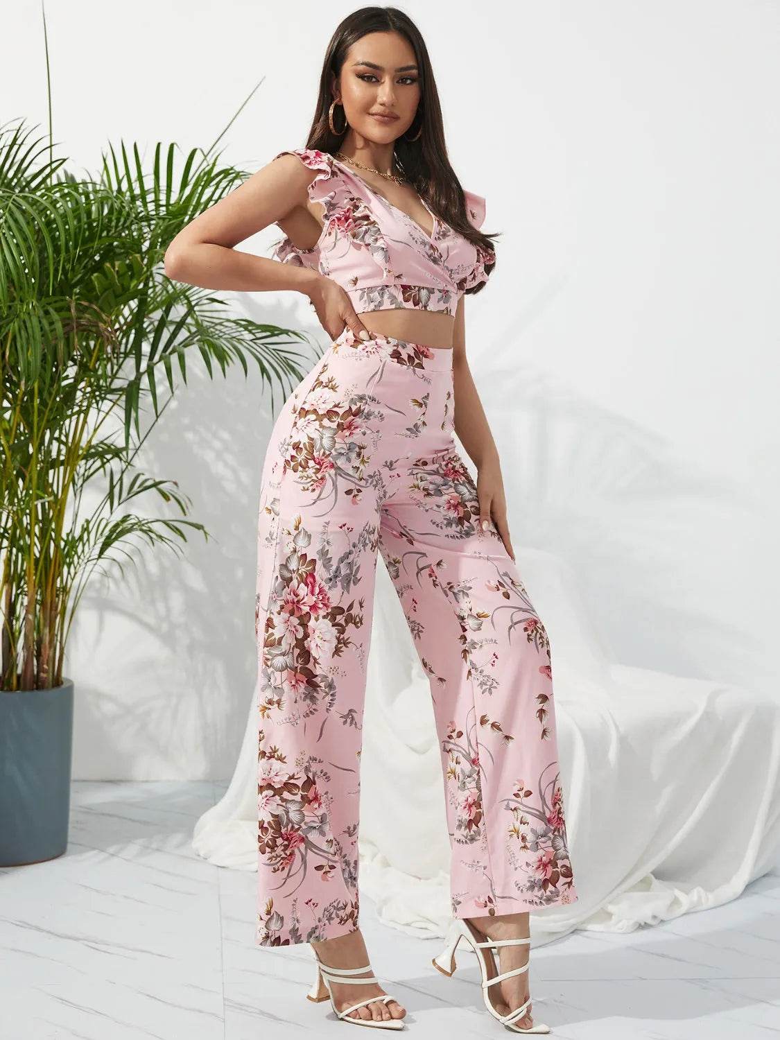 Honey Printed Surplice Cap Sleeve Top and Pants Set - Bona Fide Fashion