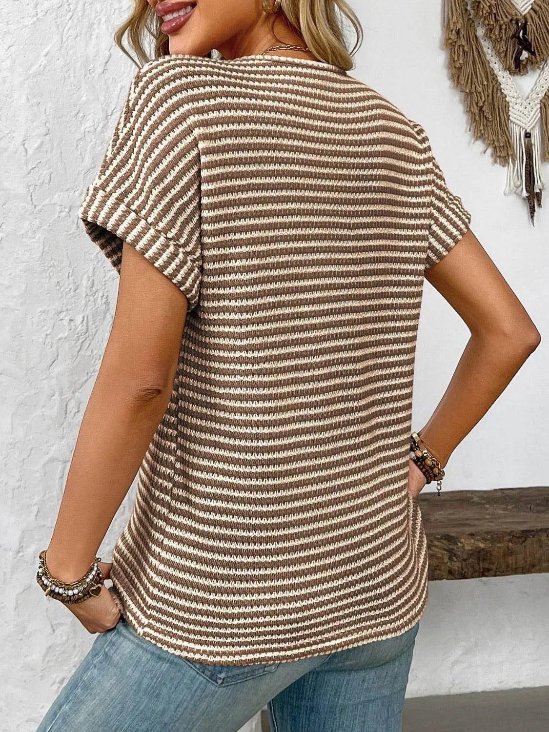 Striped Notched Short Sleeve T-Shirt - Bona Fide Fashion