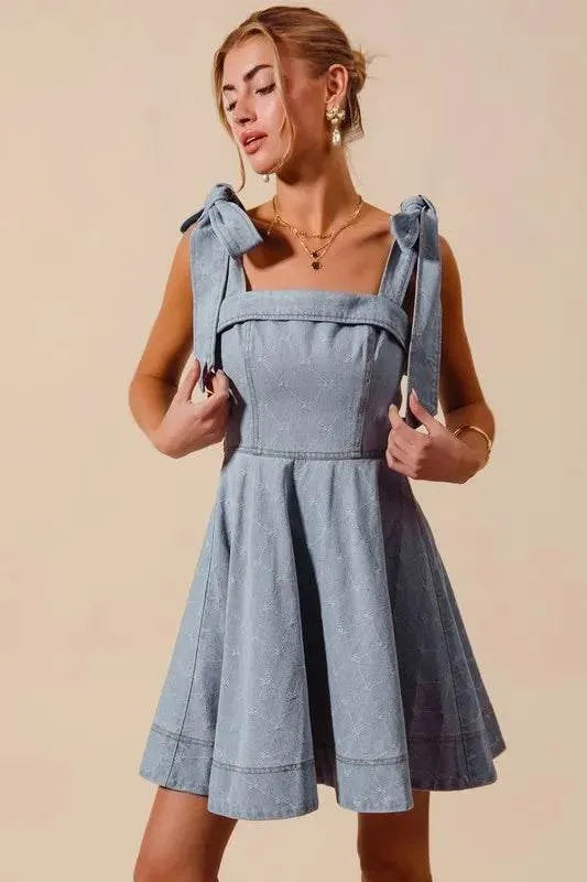 SO ME A Line Fit and Flare Diamond Bow Ribbon Denim Dres - Bona Fide Fashion