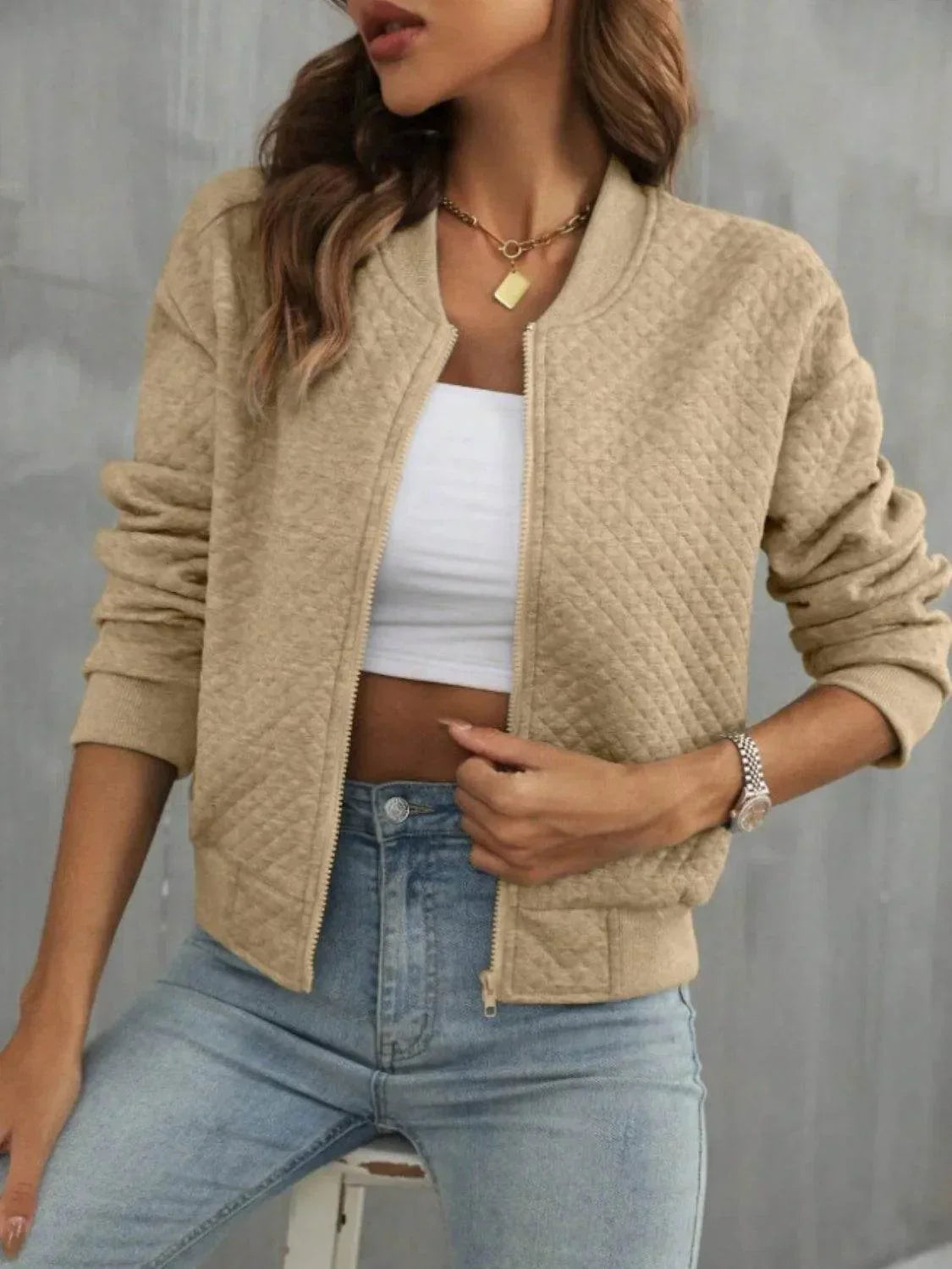Zip Up Long Sleeve Jacket - Bona Fide Fashion