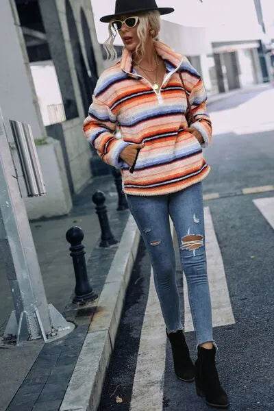 Striped Quarter Zip Dropped Shoulder Sweatshirt - Bona Fide Fashion