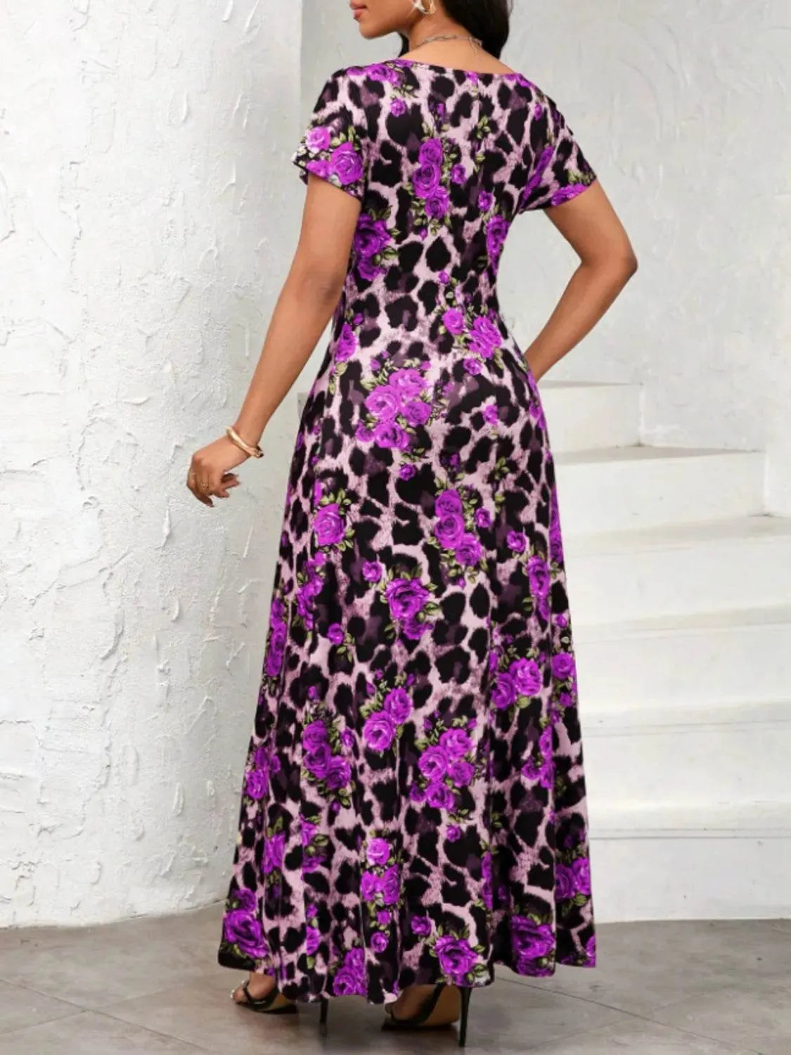 Printed Round Neck Short Sleeve Maxi Tee Dress - Bona Fide Fashion