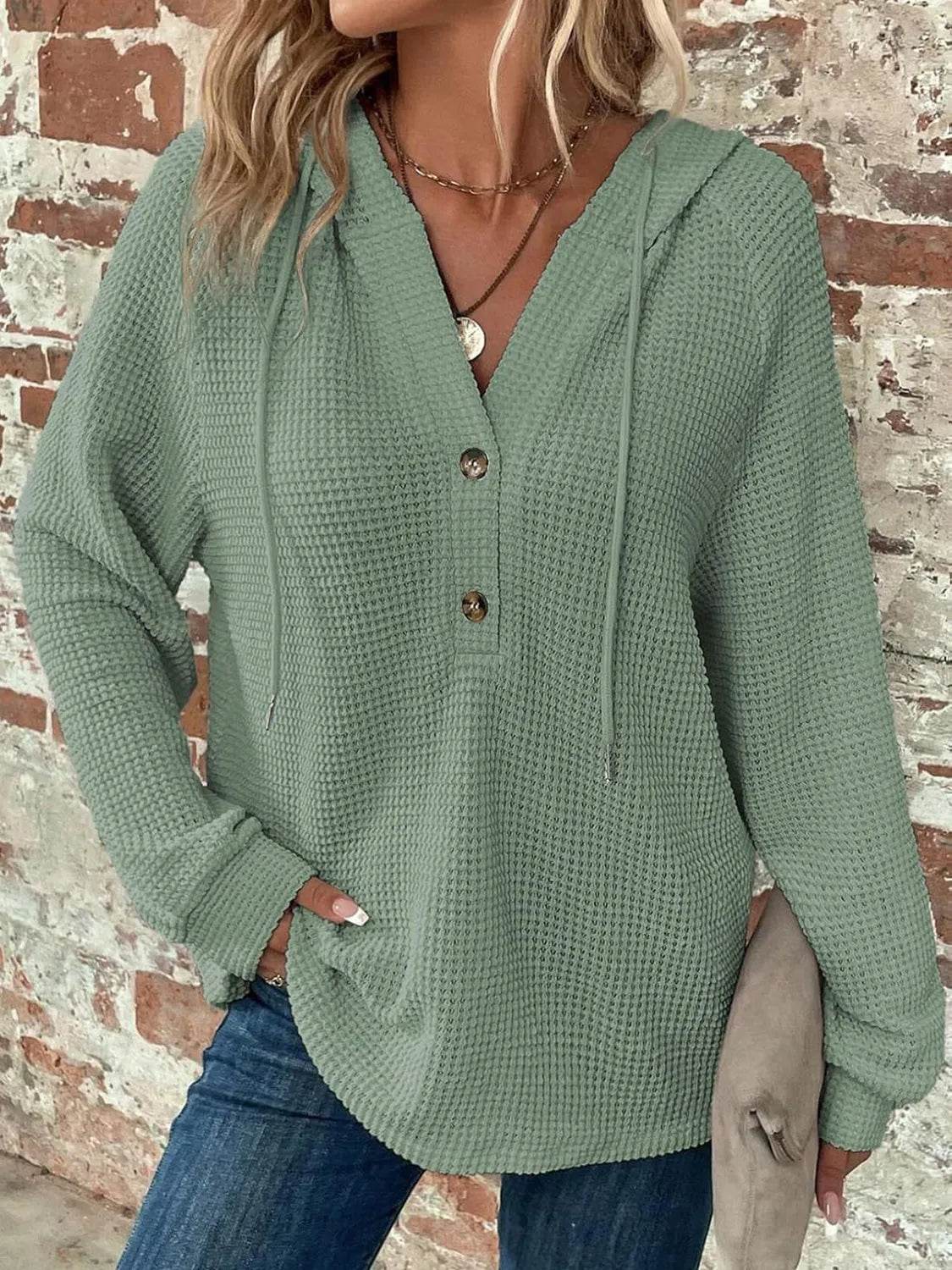 Waffle Knit Long Sleeve Drawstring Hooded Top - Bona Fide Fashion