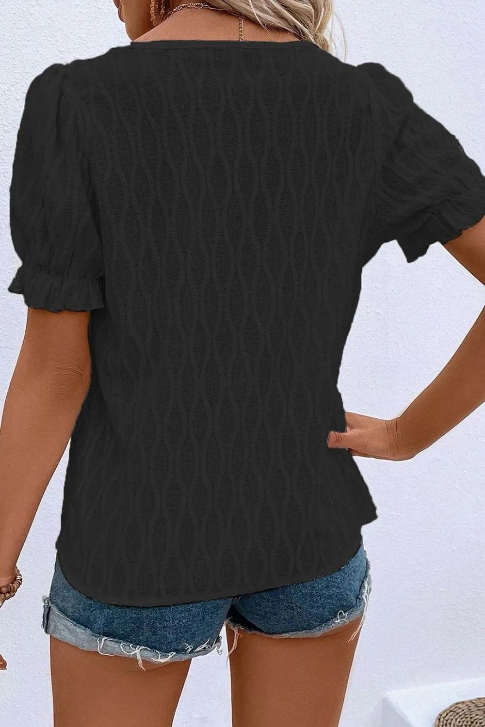 Texture Notched Short Sleeve Blouse - Bona Fide Fashion