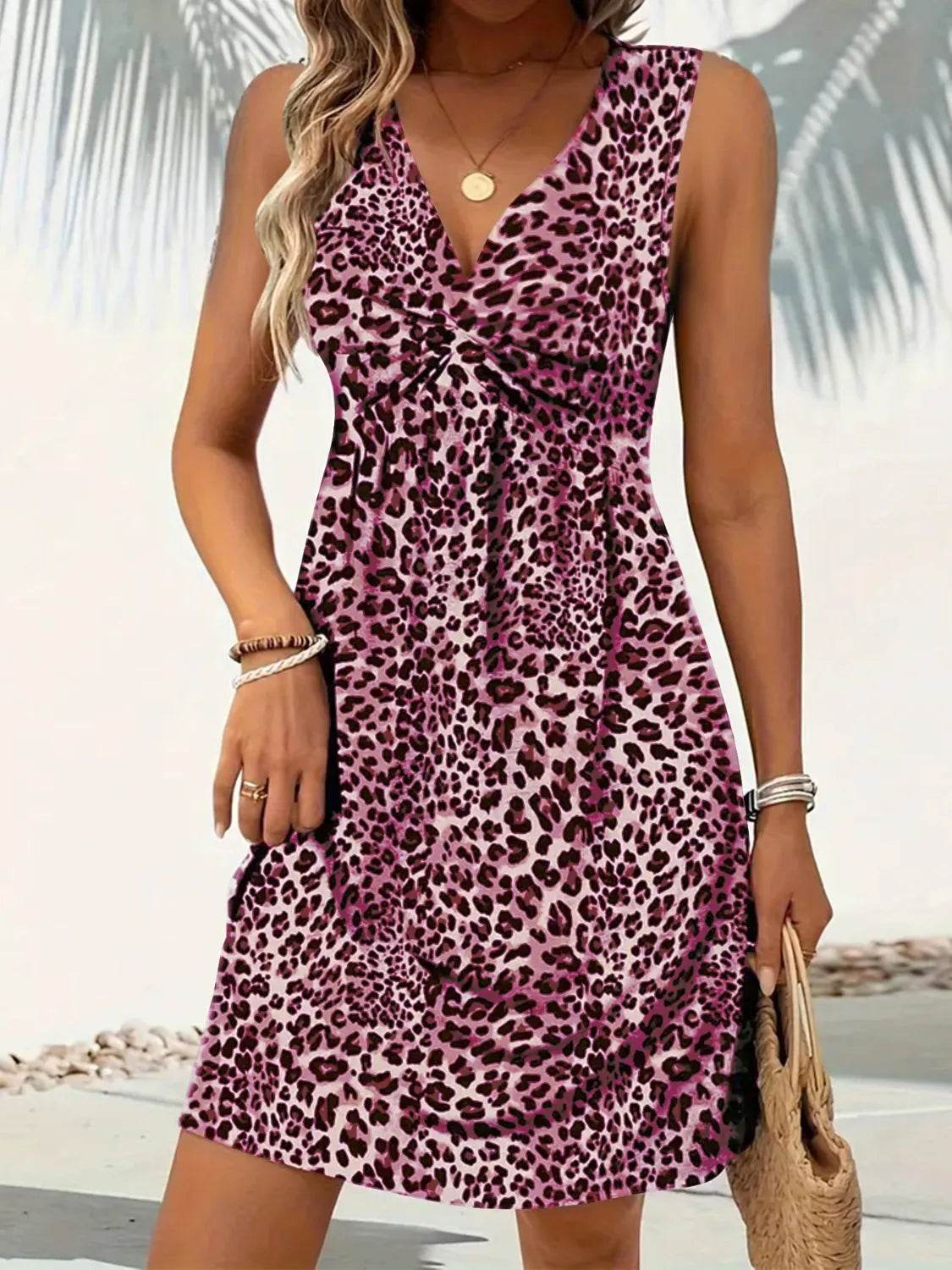 Leopard V-Neck Sleeveless Mini Dress - Bona Fide Fashion