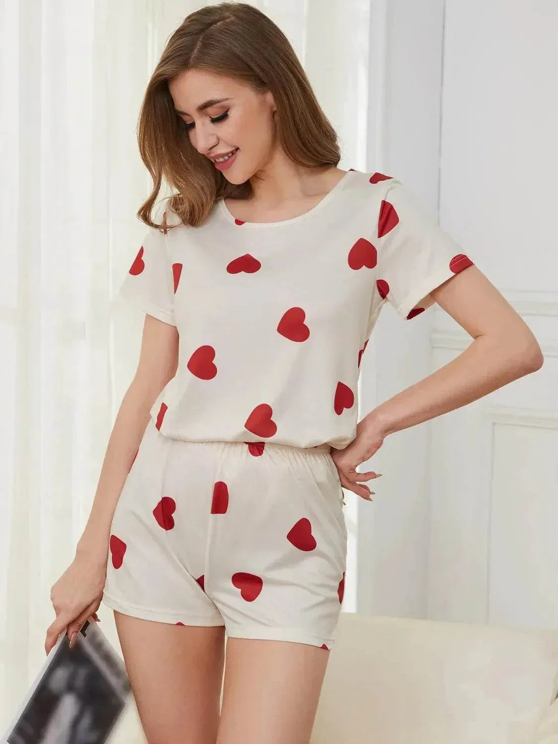 Heart Round Neck and Shorts Lounge Set - Bona Fide Fashion