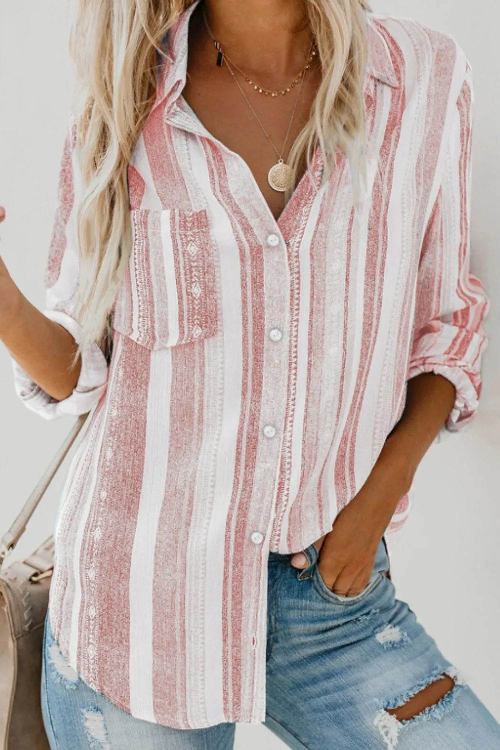 Striped Collared Neck Long Sleeve Shirt - Bona Fide Fashion