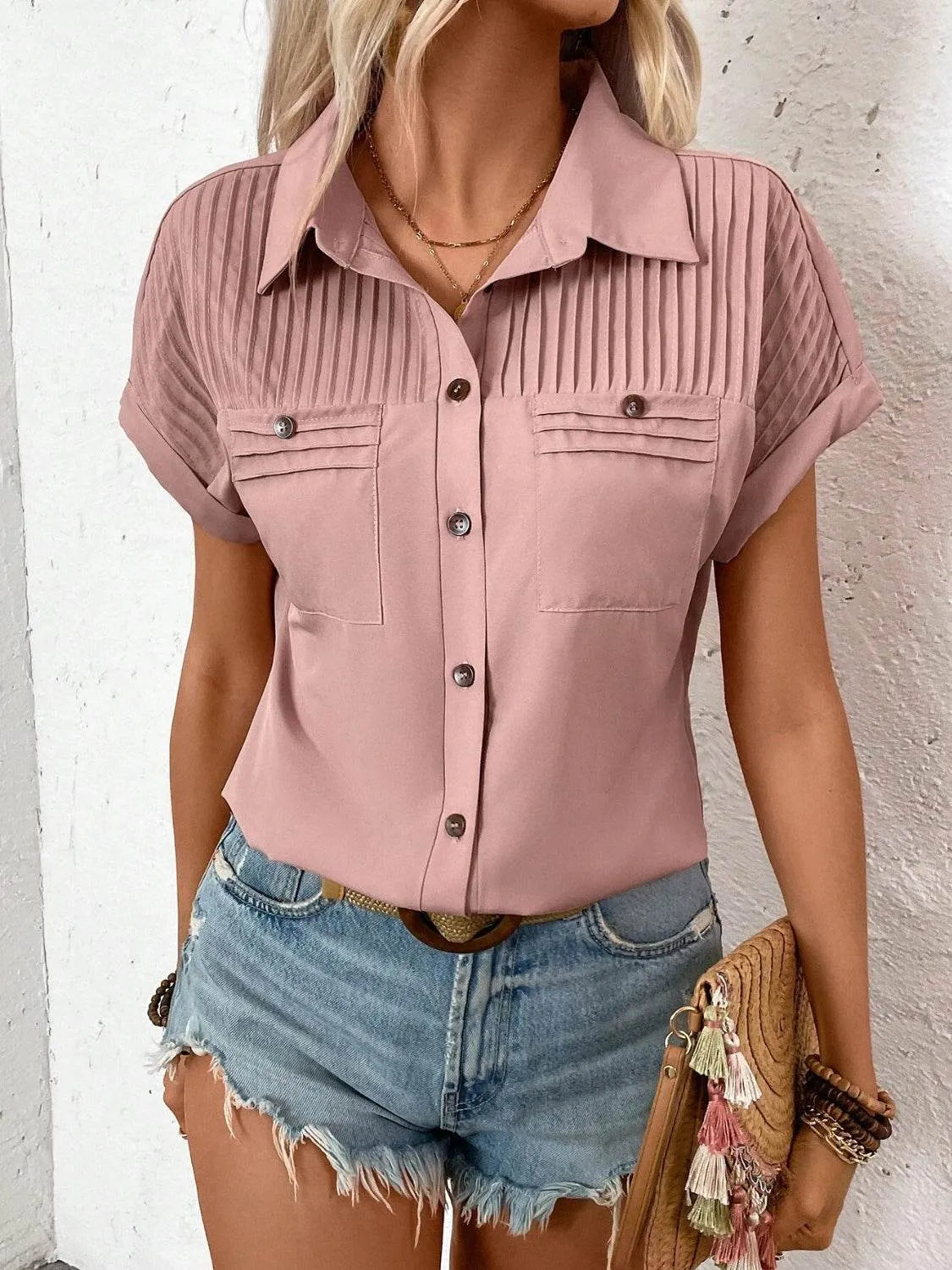 Pleated Detail Collared Neck Short Sleeve Shirt - Bona Fide Fashion