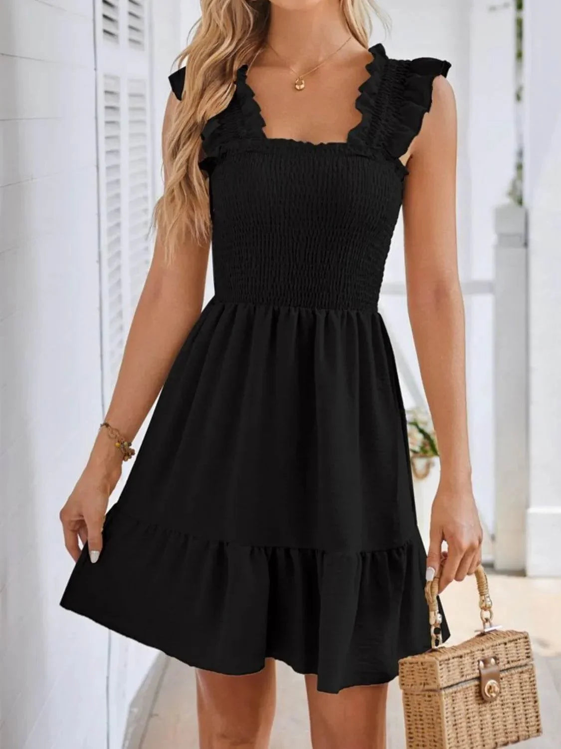 Smocked Square Neck Wide Strap Dress - Bona Fide Fashion