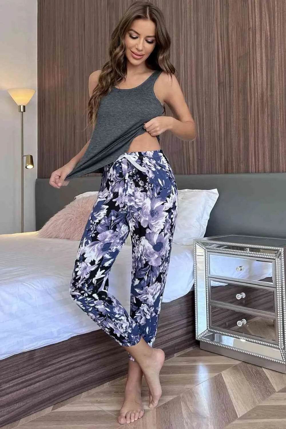 Scoop Neck Tank and Floral Cropped Pants Lounge Set - Bona Fide Fashion