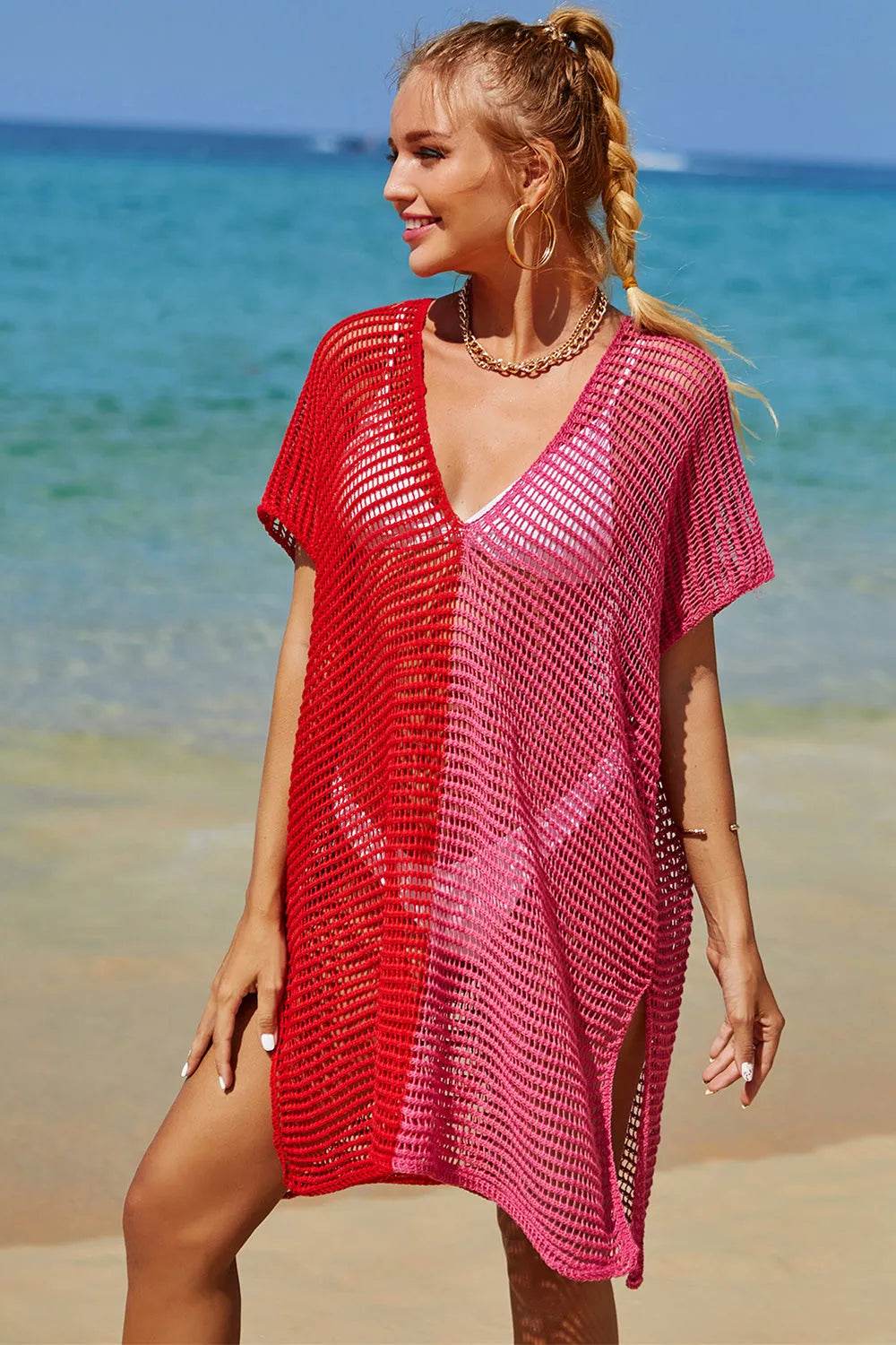 Angel Wings Openwork Contrast Slit Knit Cover Up - Bona Fide Fashion