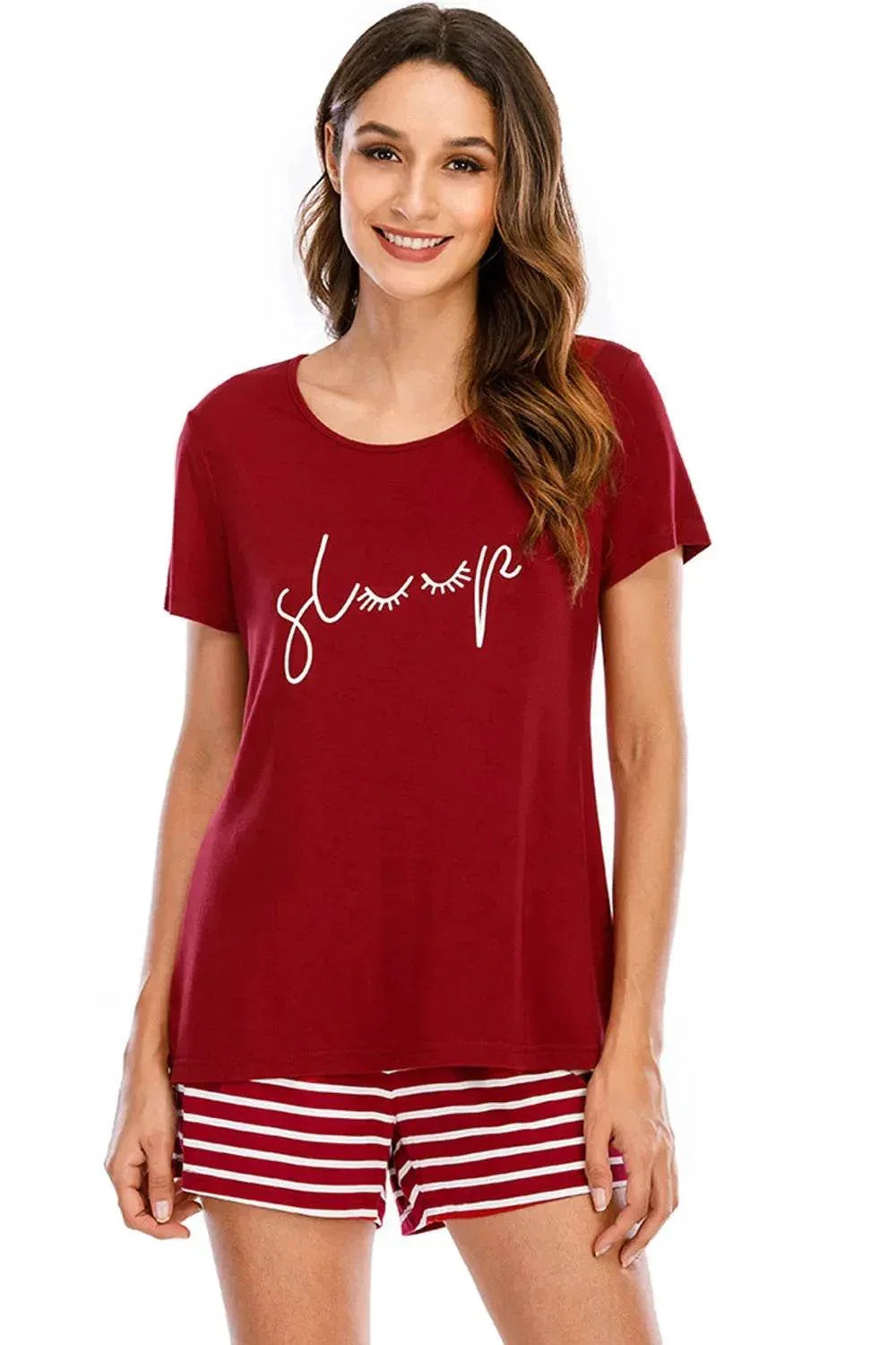Graphic Round Neck and Striped Shorts Lounge Set - Bona Fide Fashion