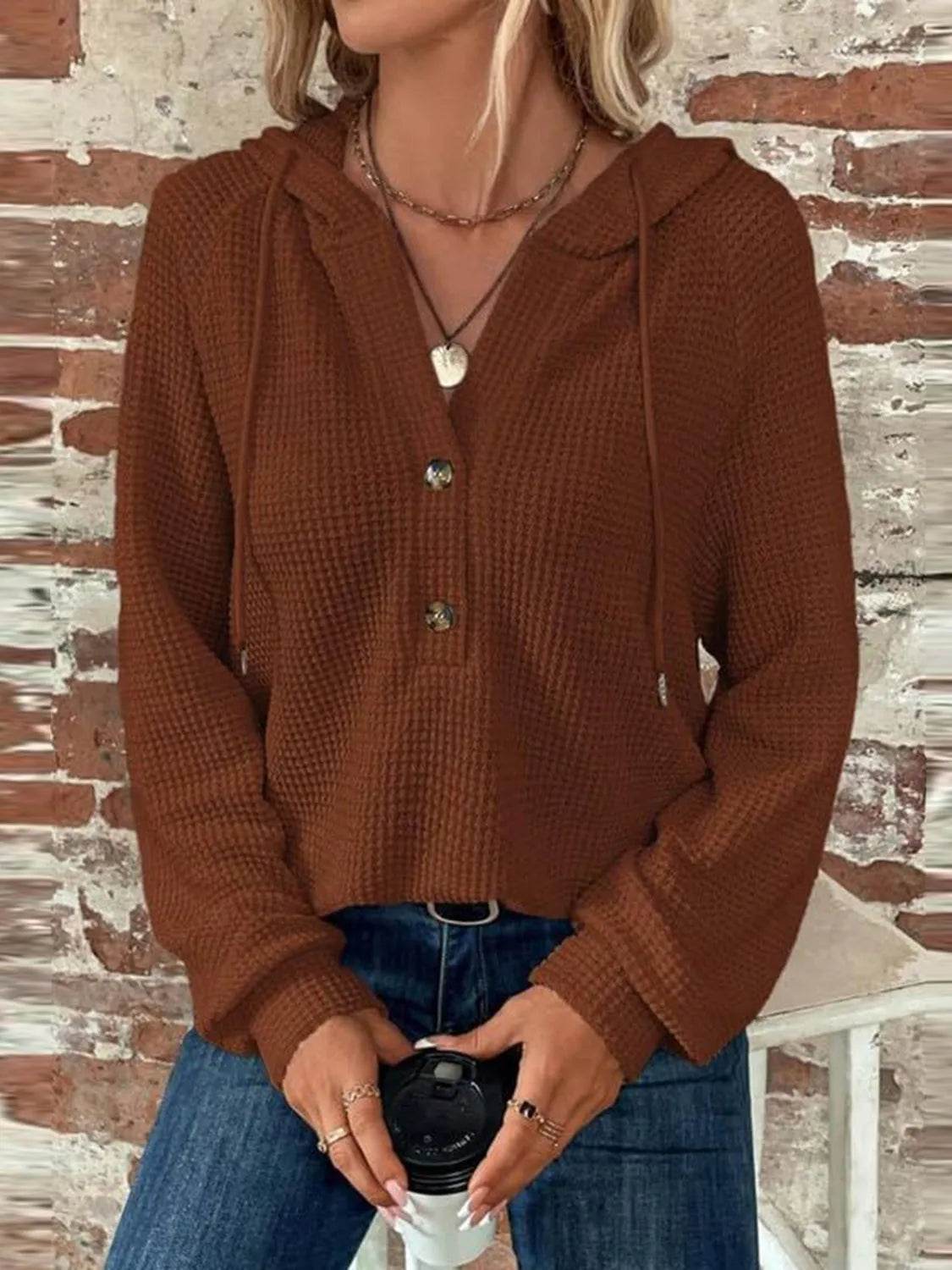 Waffle Knit Long Sleeve Drawstring Hooded Top - Bona Fide Fashion