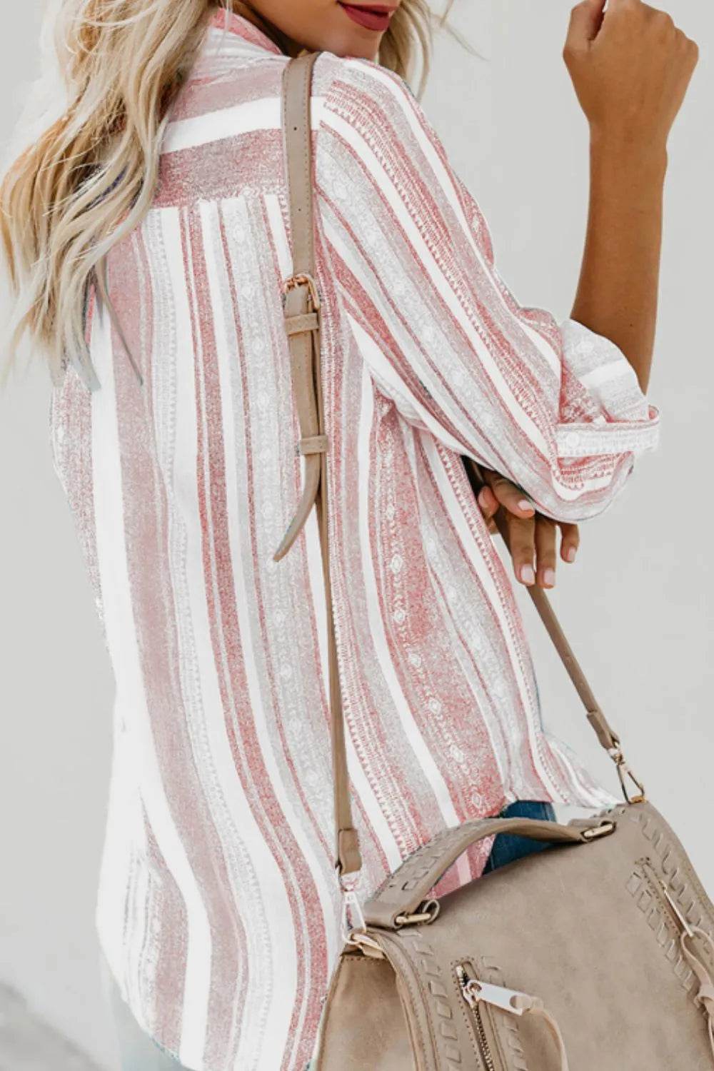 Striped Collared Neck Long Sleeve Shirt - Bona Fide Fashion
