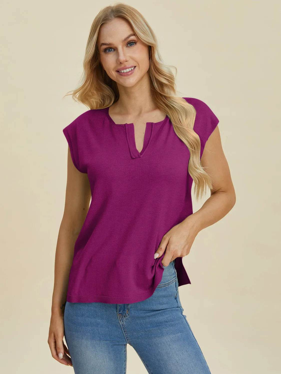 Double Take Full Size Notched Cap Sleeve Knit Top - Bona Fide Fashion