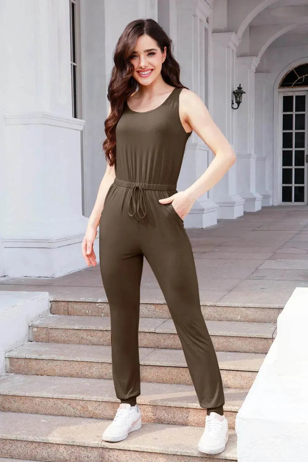 Drawstring Round Neck Sleeveless Jumpsuit - Bona Fide Fashion