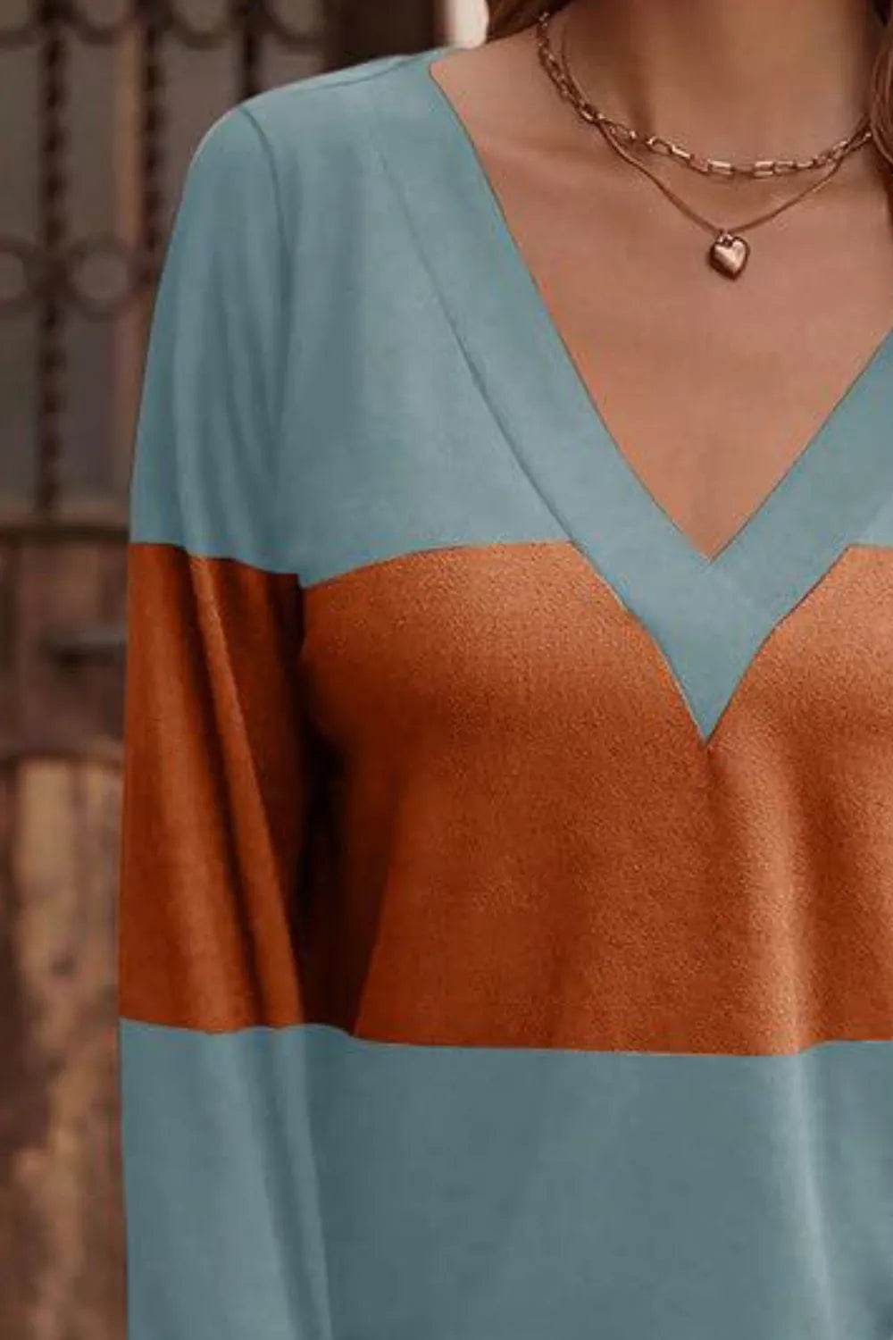 Decorative Button Contrast V-Neck Long Sleeve T-Shirt - Bona Fide Fashion