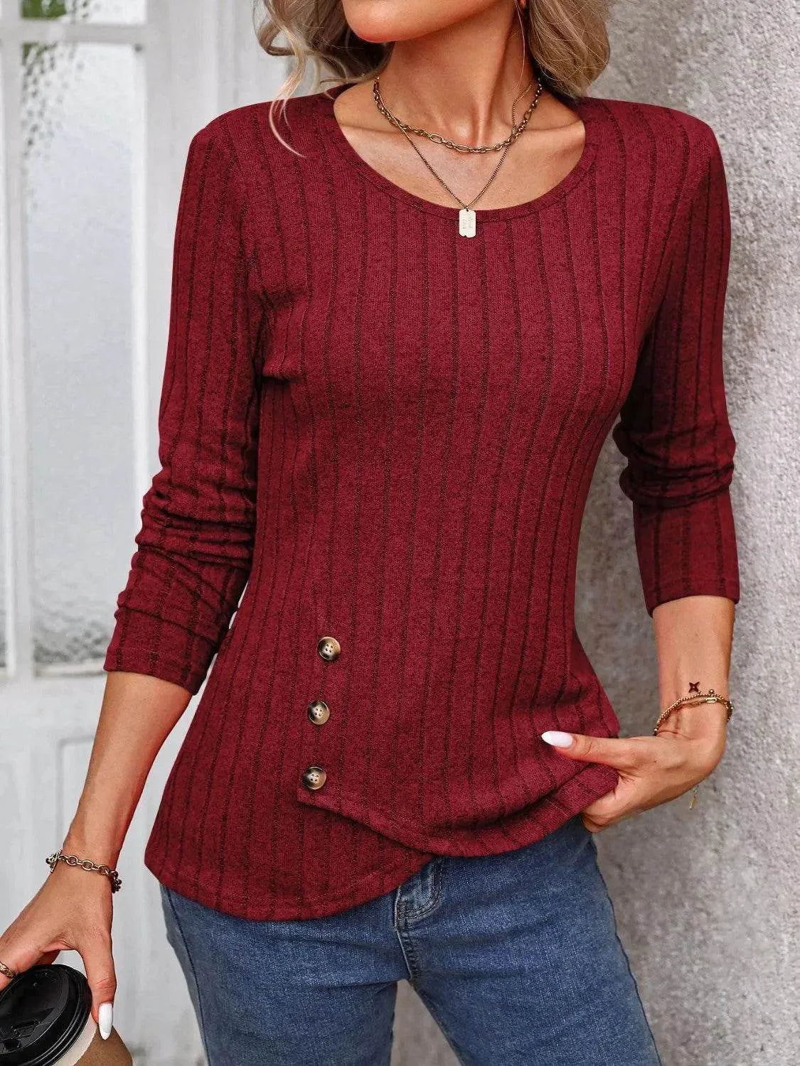 Decorative Button Round Neck Long Sleeve T-Shirt - Bona Fide Fashion