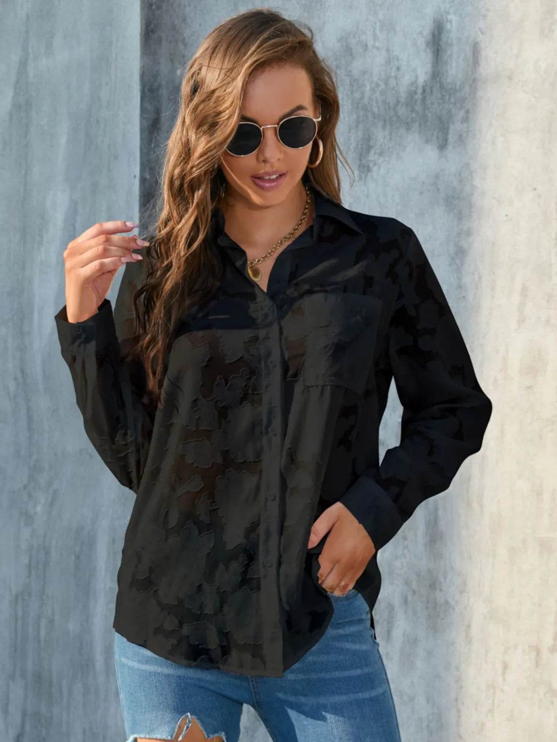 Full Size Collared Neck Long Sleeve Shirt Plus Size - Bona Fide Fashion