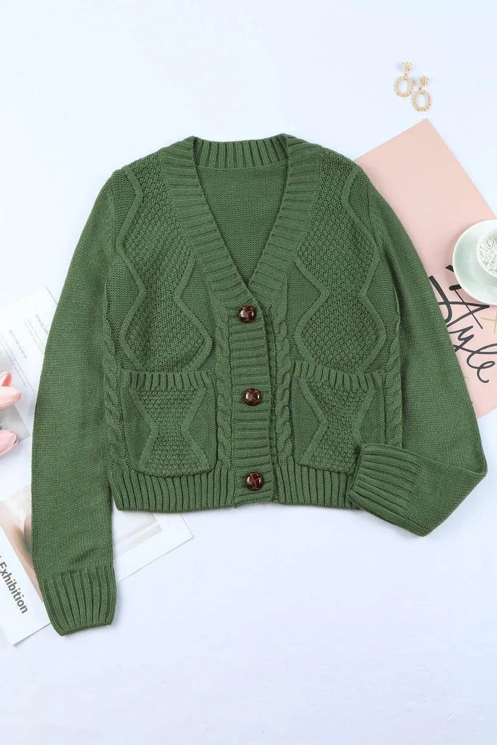 Cable-Knit Button Down V-Neck Cardigan - Bona Fide Fashion