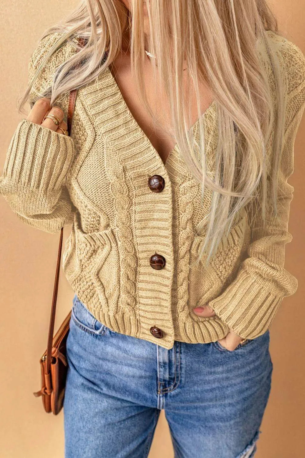 Cable-Knit Button Down V-Neck Cardigan - Bona Fide Fashion