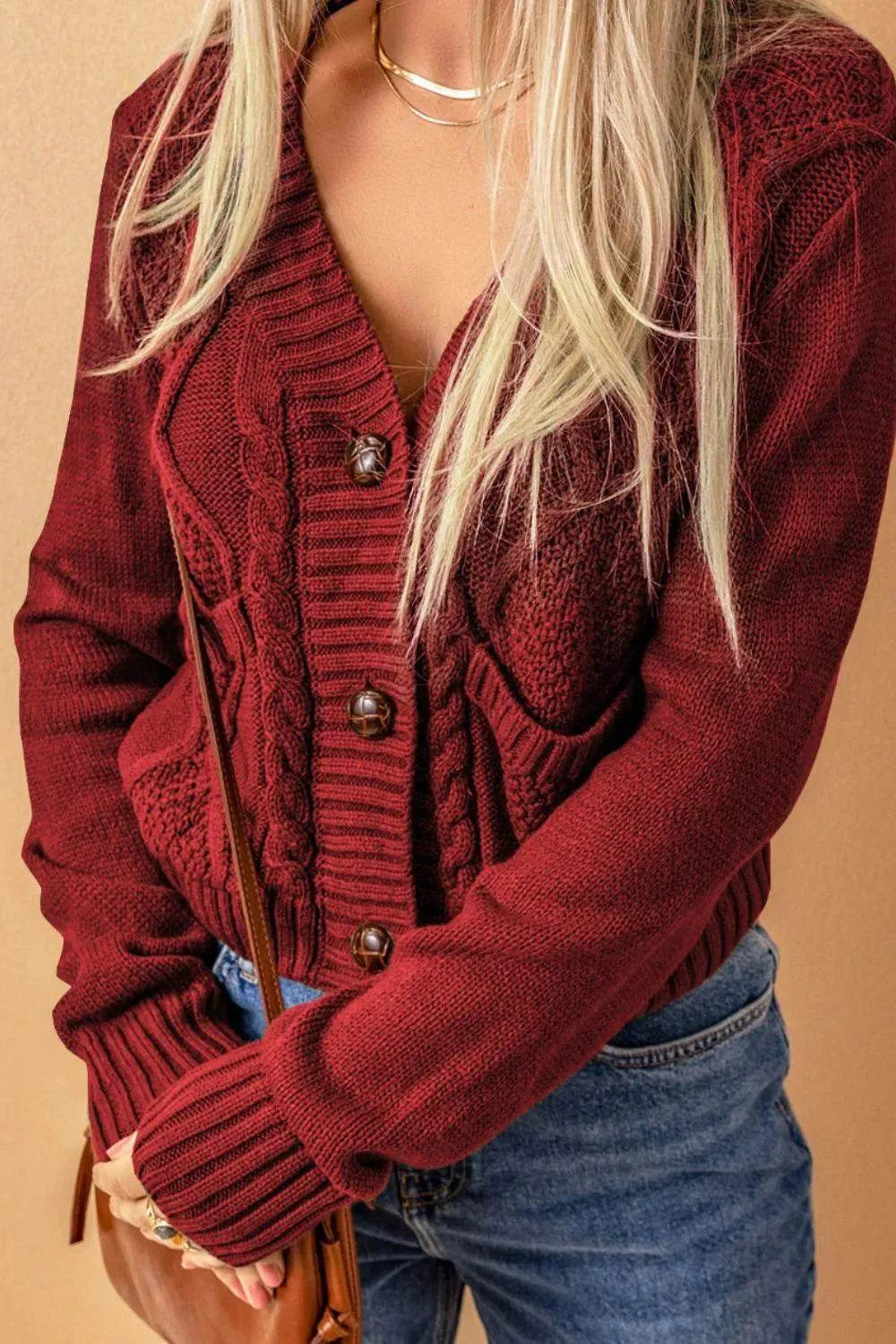 Cable-Knit Button Down V-Neck Cardigan - Bona Fide Fashion