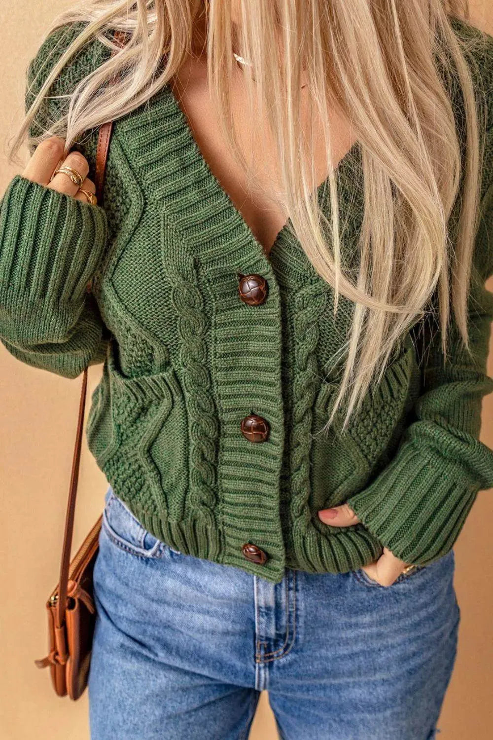 Cable-Knit Button Down V-Neck Cardigan - Bona Fide Fashion