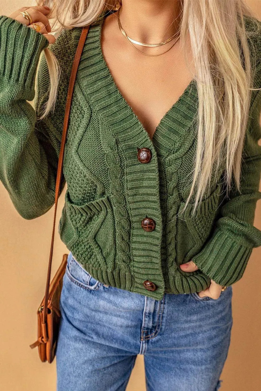 Cable-Knit Button Down V-Neck Cardigan - Bona Fide Fashion