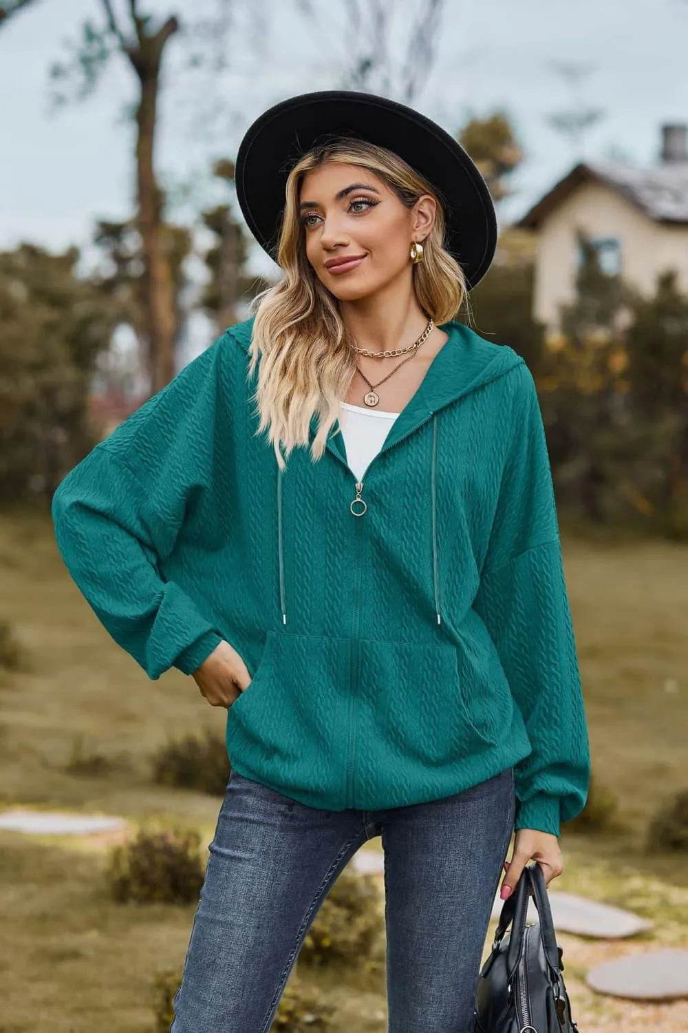 Cable-Knit Long Sleeve Hooded Jacket - Bona Fide Fashion