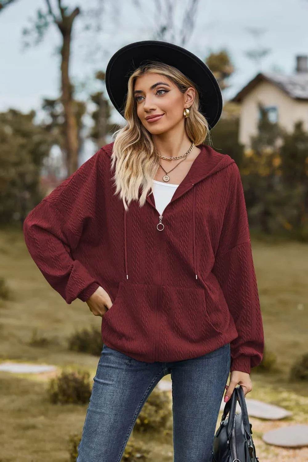 Cable-Knit Long Sleeve Hooded Jacket - Bona Fide Fashion