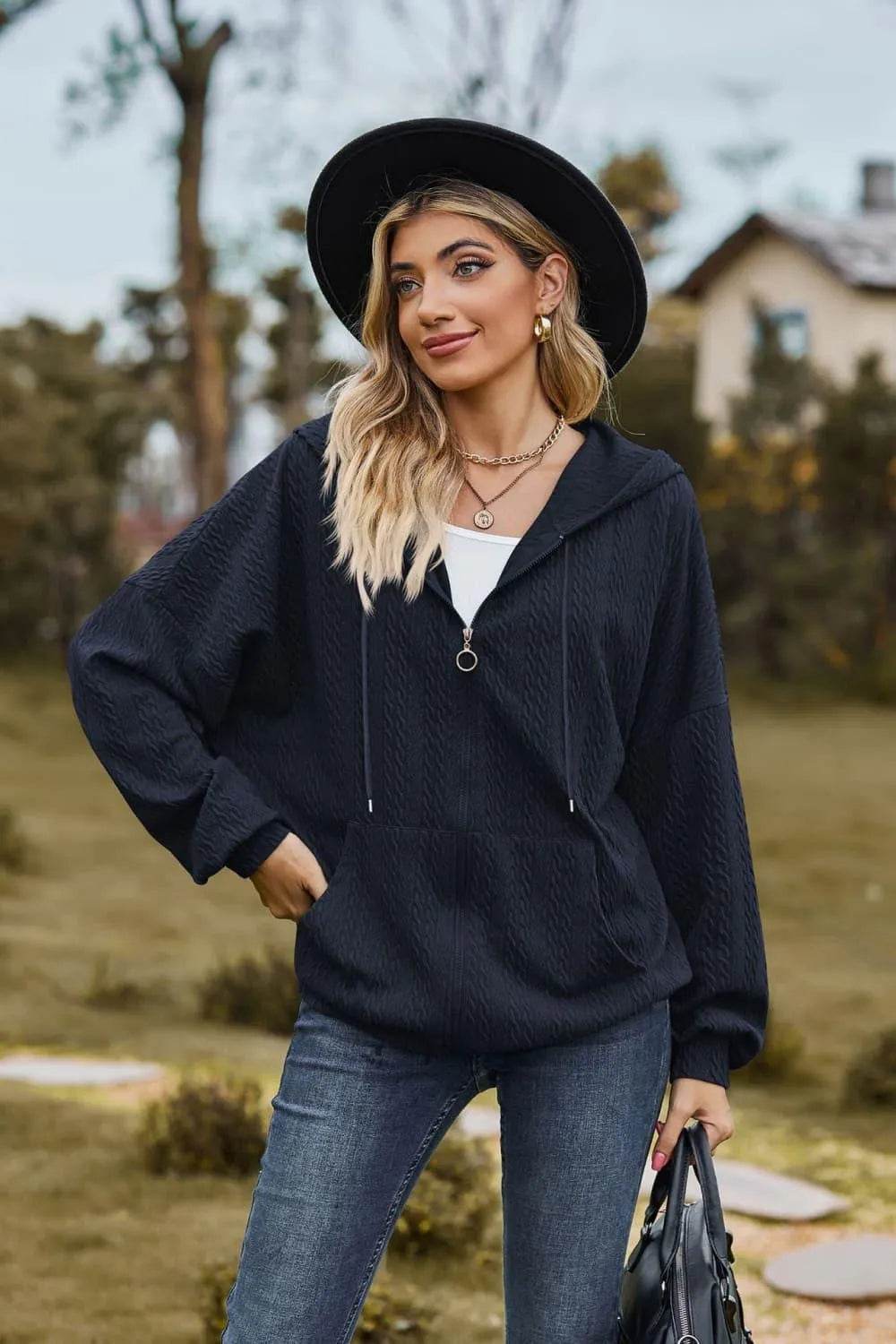 Cable-Knit Long Sleeve Hooded Jacket - Bona Fide Fashion