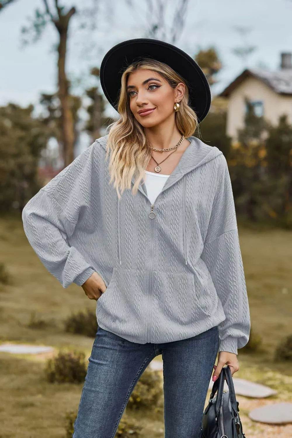 Cable-Knit Long Sleeve Hooded Jacket - Bona Fide Fashion