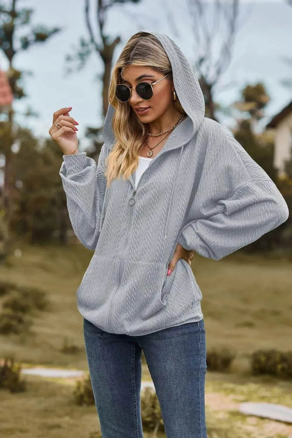 Cable-Knit Long Sleeve Hooded Jacket - Bona Fide Fashion