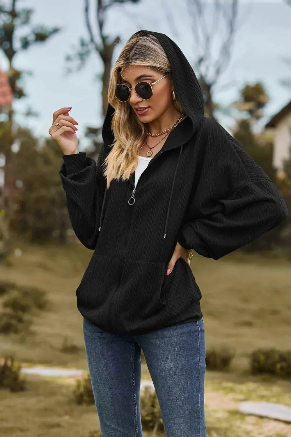 Cable-Knit Long Sleeve Hooded Jacket - Bona Fide Fashion