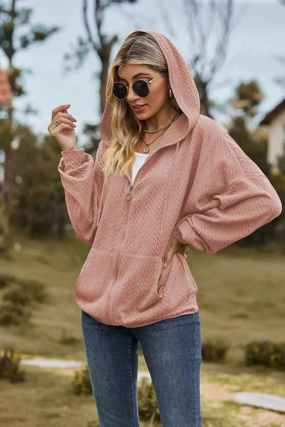 Cable-Knit Long Sleeve Hooded Jacket - Bona Fide Fashion