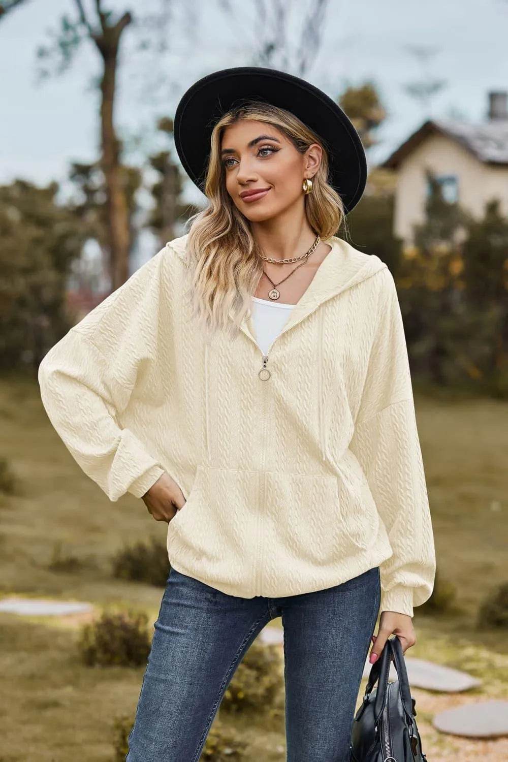 Cable-Knit Long Sleeve Hooded Jacket - Bona Fide Fashion