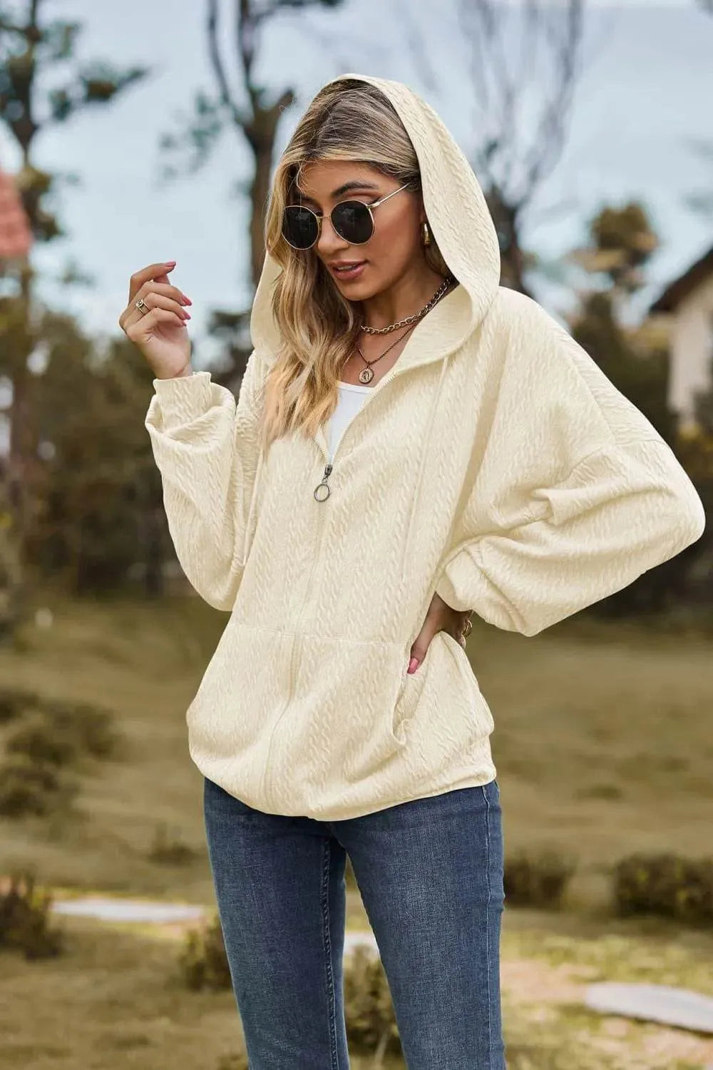 Cable-Knit Long Sleeve Hooded Jacket - Bona Fide Fashion