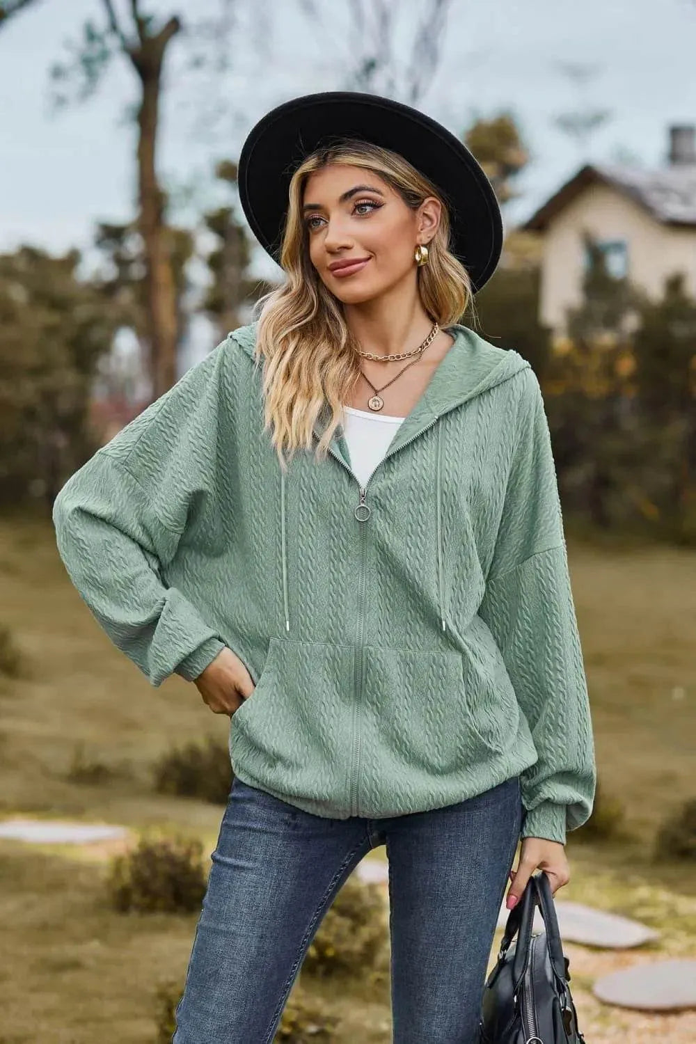 Cable-Knit Long Sleeve Hooded Jacket - Bona Fide Fashion