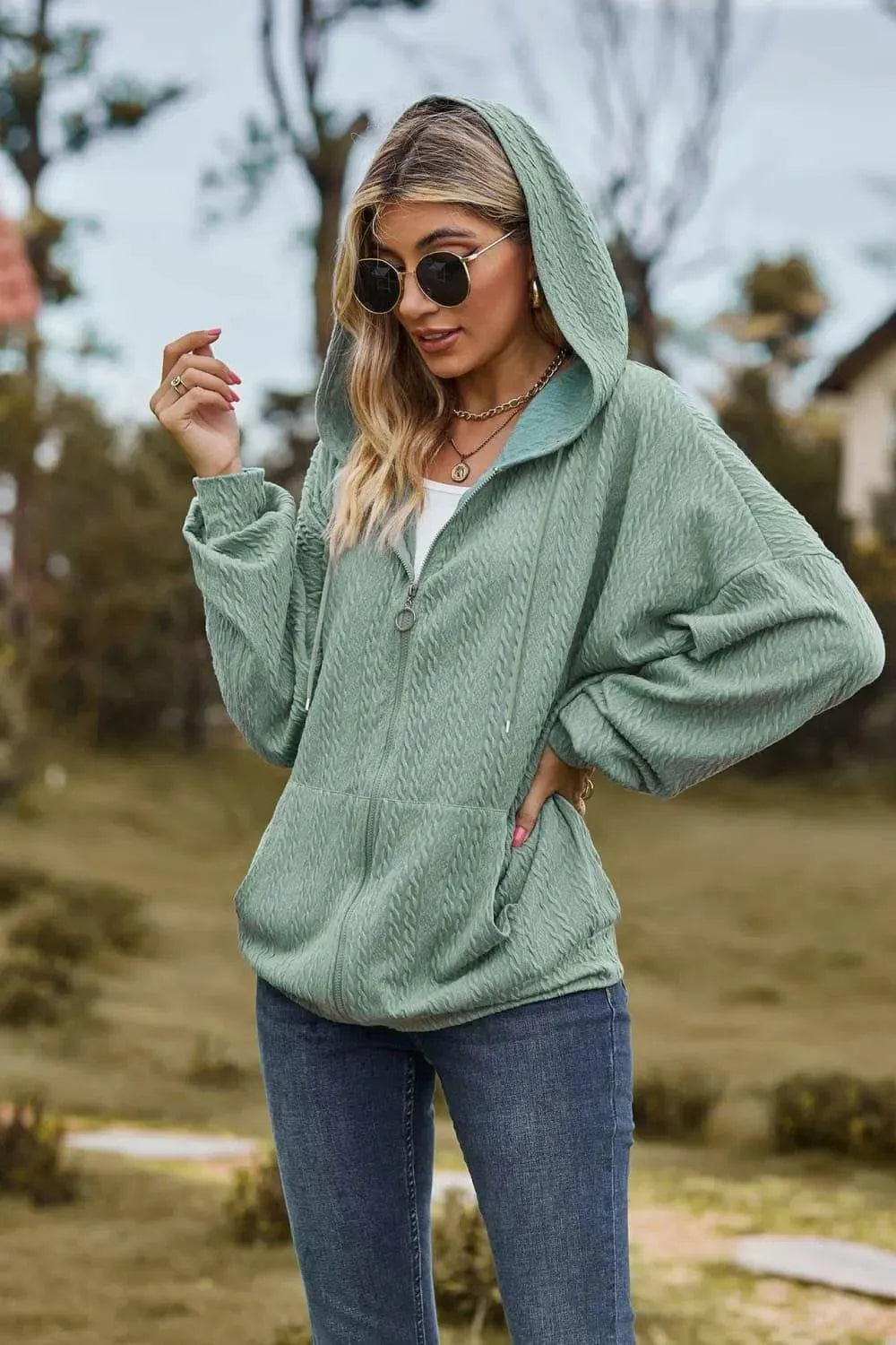Cable-Knit Long Sleeve Hooded Jacket - Bona Fide Fashion