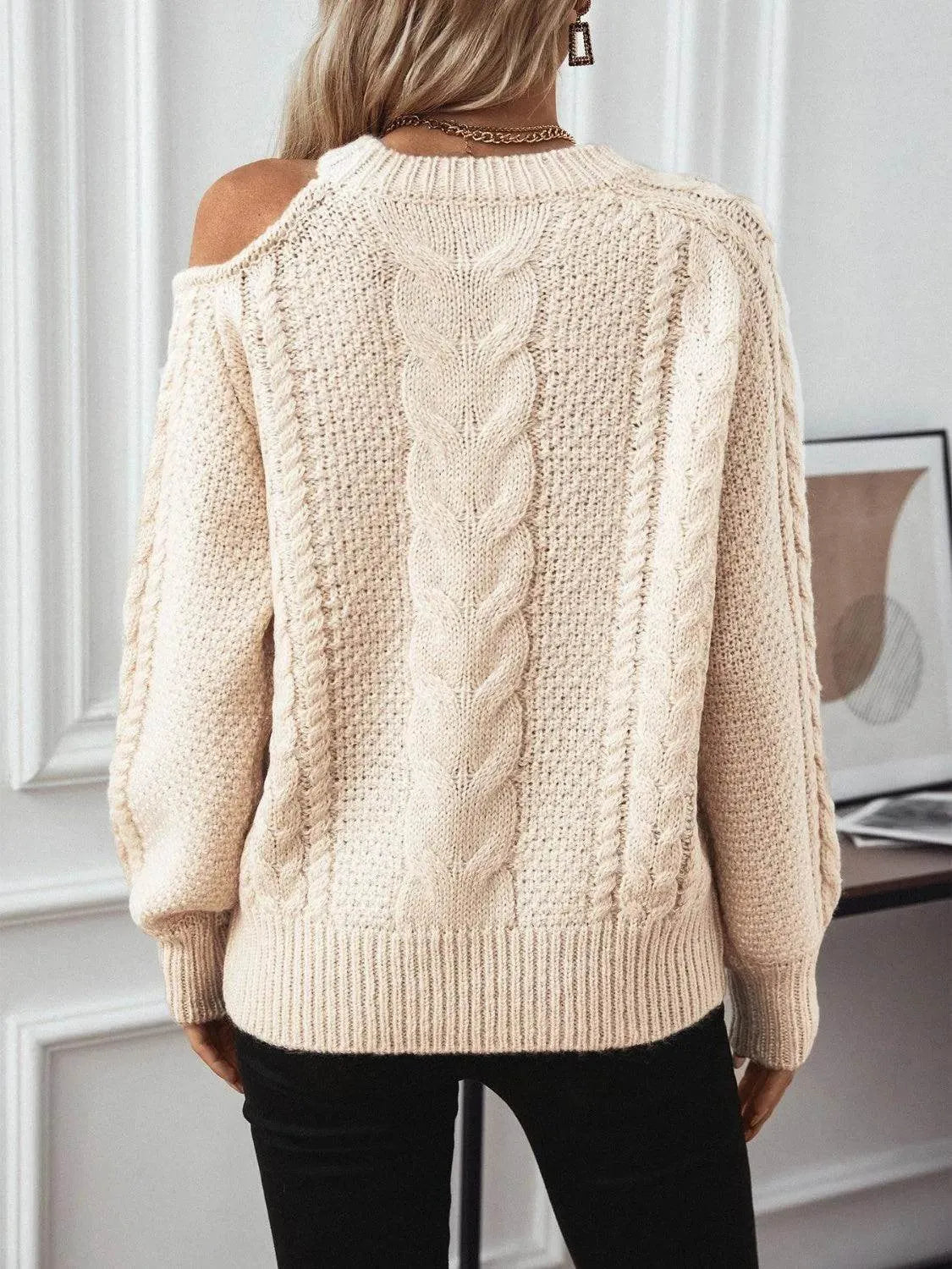 Cable Knit Round Neck Cold Shoulder Sweater - Bona Fide Fashion