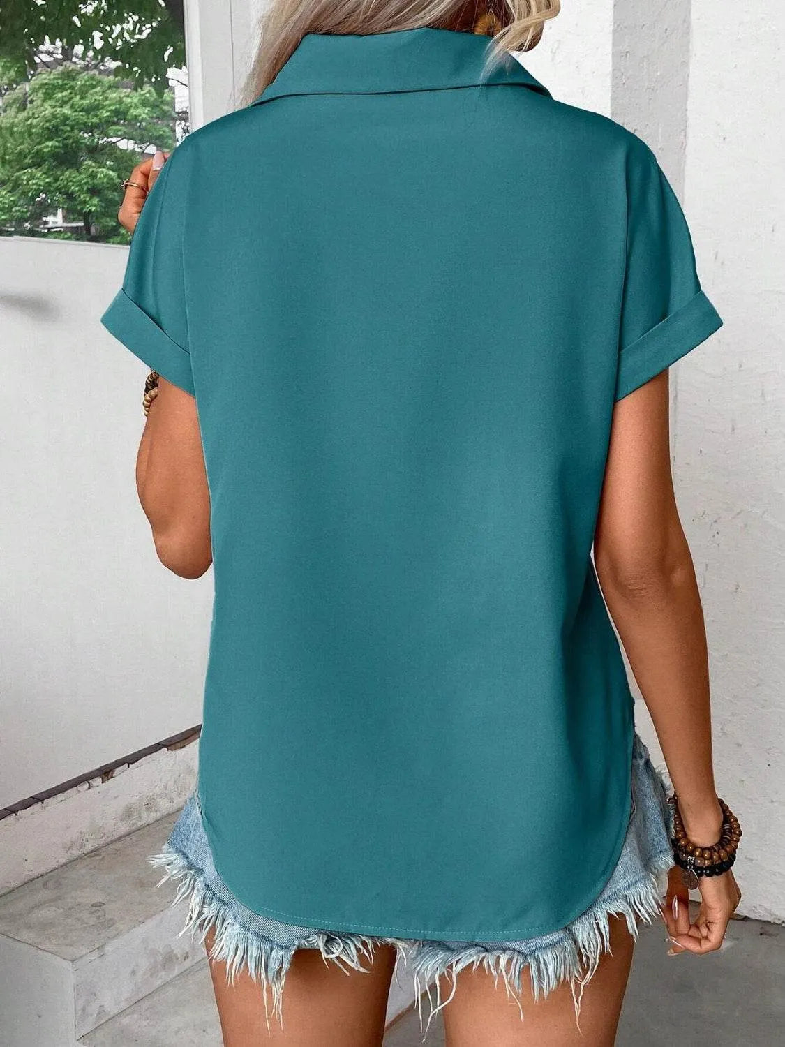 Pleated Detail Collared Neck Short Sleeve Shirt - Bona Fide Fashion