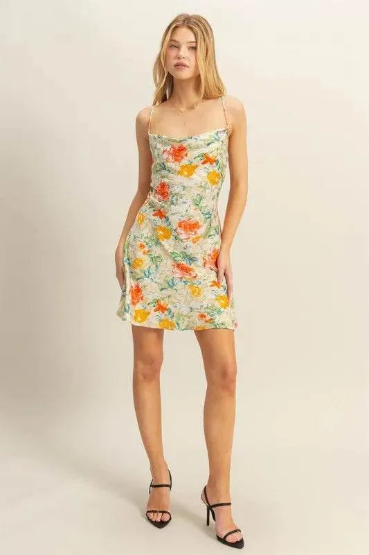 HYFVE Floral Cowl Neck Flirty Satin Mini Dress - Bona Fide Fashion