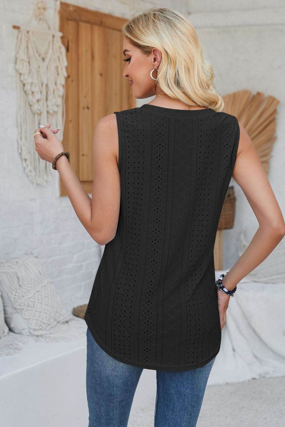 Eyelet Decorative Button V-Neck Tank - Bona Fide Fashion