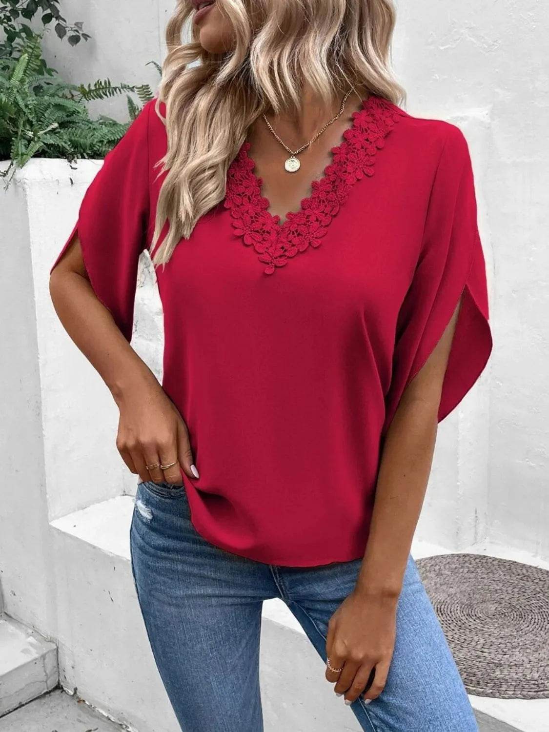 Lace Detail V-Neck Half Sleeve Blouse - Bona Fide Fashion