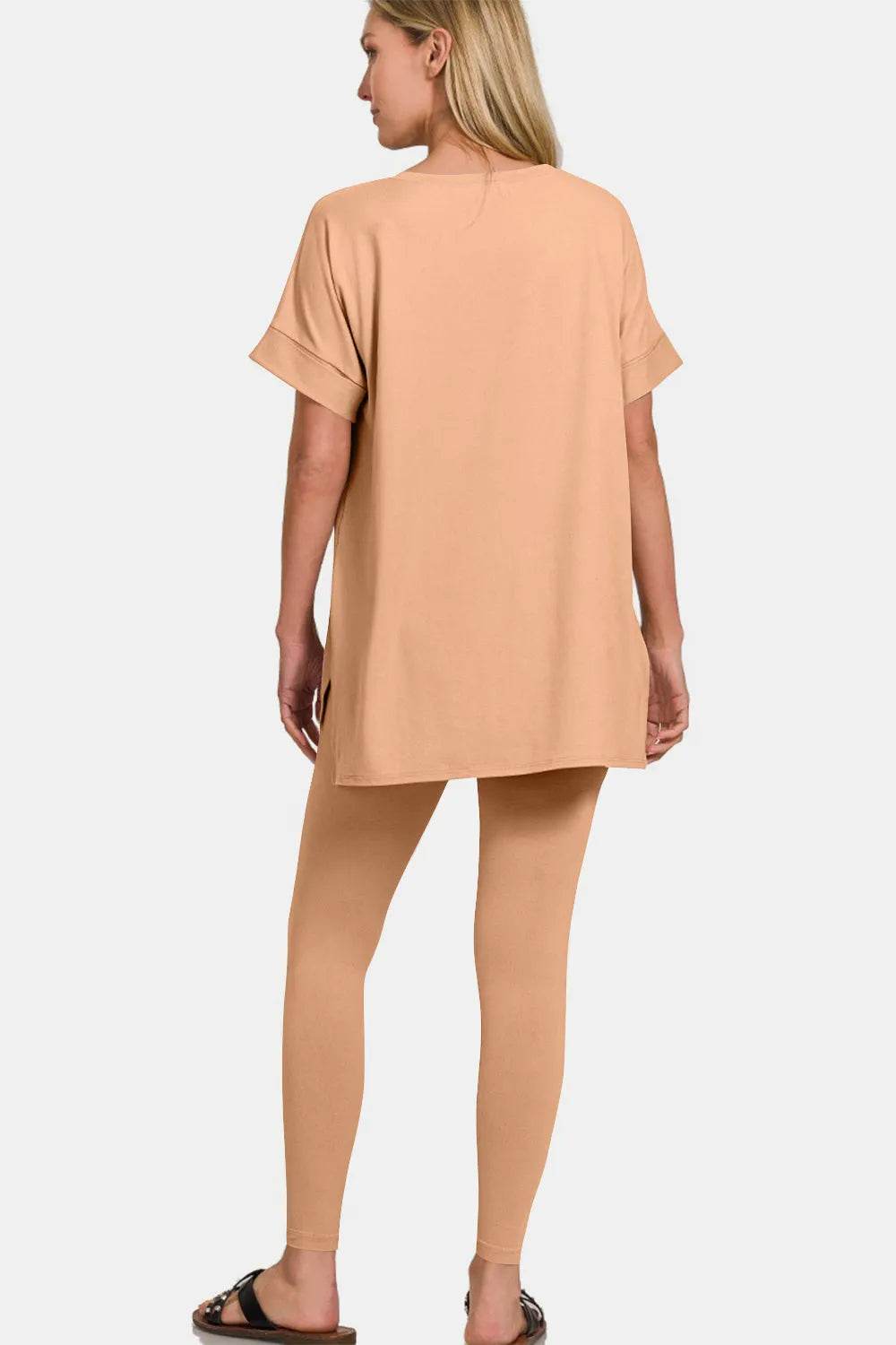 Zenana Full Size V-Neck Rolled Short Sleeve T-Shirt and Leggings Lounge Set - Bona Fide Fashion