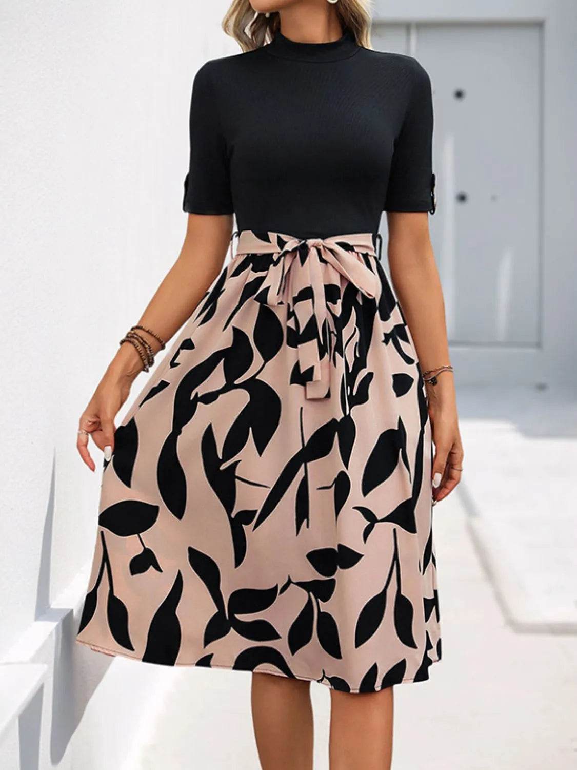 Perfee Tied Printed Mock Neck Short Sleeve Dress - Bona Fide Fashion