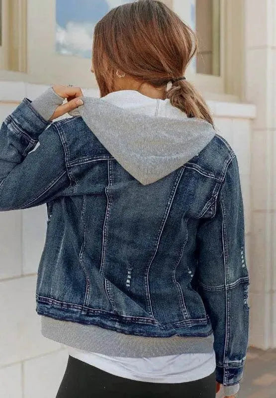 Fake Two-Piece Hooded Zip-Up Denim Jacket - Bona Fide Fashion