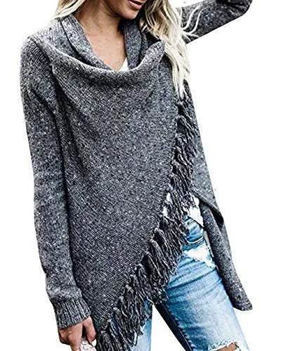 CEASIKERY Women's Tassel Hem Sweater Long Cardigan Knitwer Pullover Poncho Coat Dark Gray - Bona Fide Fashion