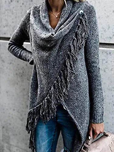 CEASIKERY Women's Tassel Hem Sweater Long Cardigan Knitwer Pullover Poncho Coat Dark Gray - Bona Fide Fashion